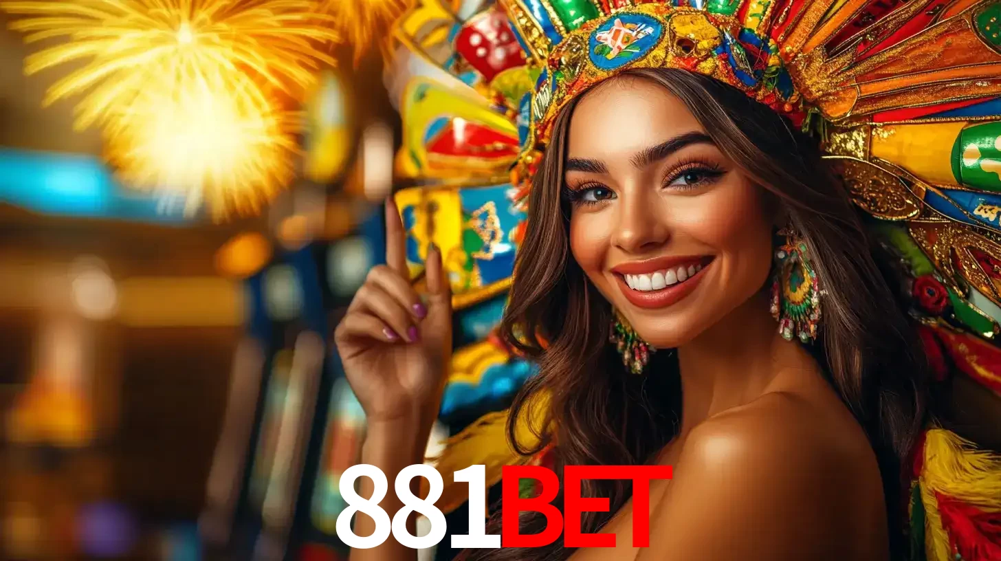 Mulher sorridente com um cocar de carnaval vibrante e colorido, celebrando uma grande vitória nos jogos do cassino 881bet com fogos de artifício ao fundo.