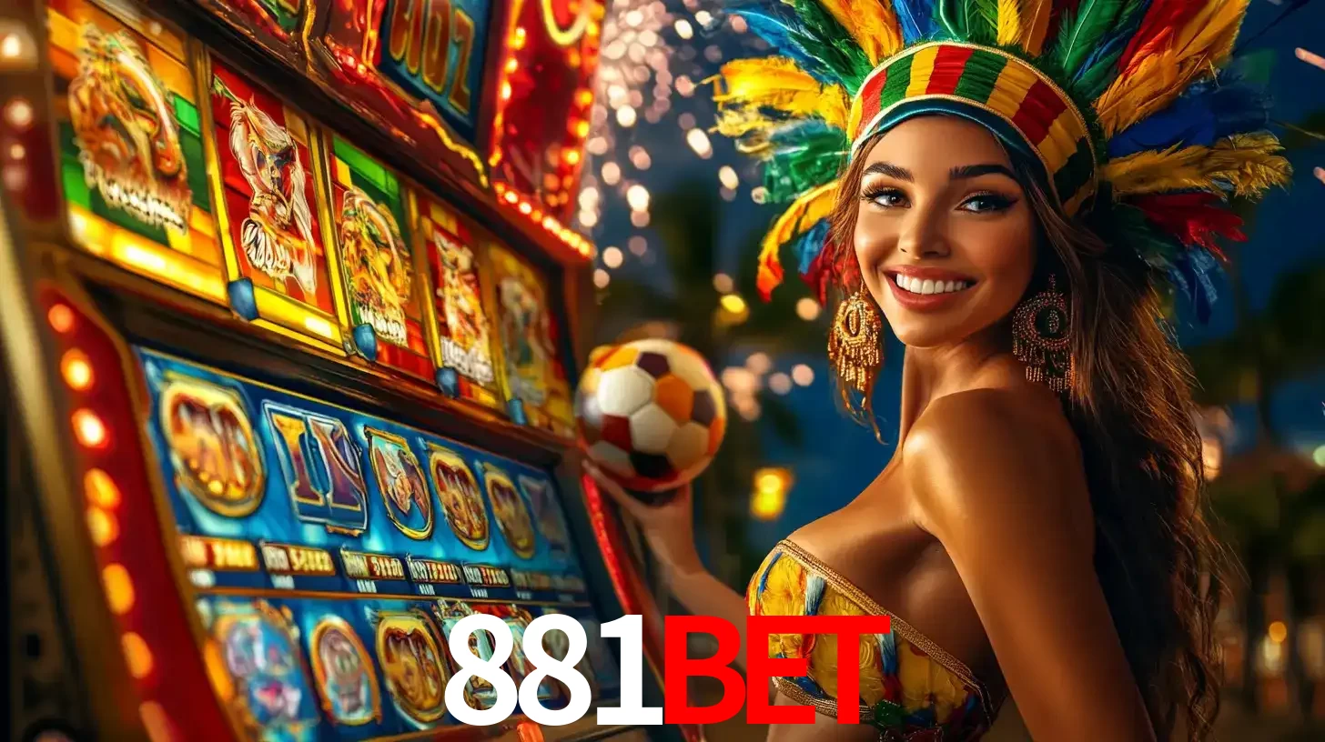 Mulher com um cocar de carnaval ao lado de uma máquina de caça-níqueis enquanto segura uma bola de futebol, mostrando a união da diversão de cassino e esportes no 881bet.
