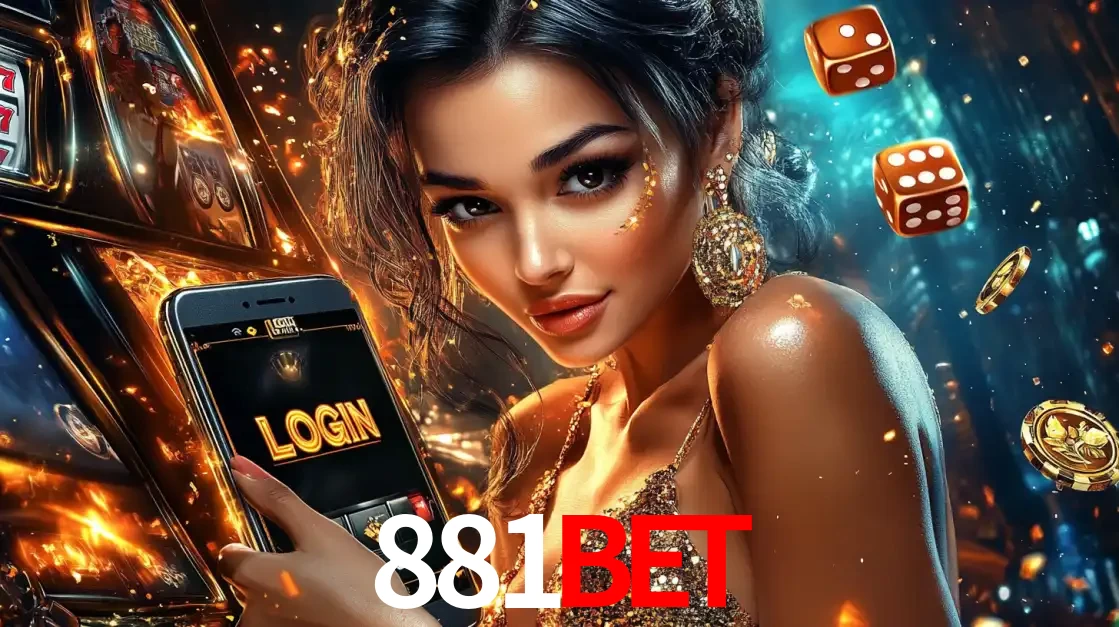 Mulher glamourosa segurando um celular com a tela de login do cassino 881bet, rodeada por dados e moedas douradas, pronta para começar a diversão.