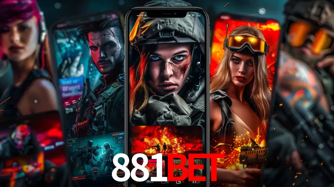 Montagem de telas de celular mostrando diversos personagens, masculinos e femininos, de um jogo de tiro, ilustrando a diversidade de equipes de e-sports para apostar no 881bet.