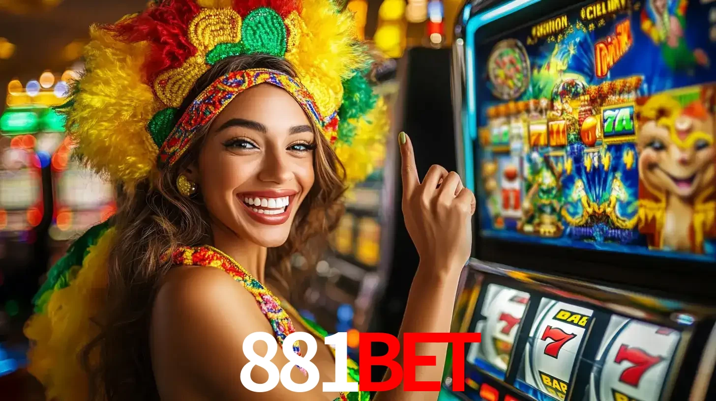 Mulher animada com um cocar de carnaval apontando para uma máquina de caça-níqueis, mostrando a emoção de ganhar um grande prêmio nos jogos do 881bet.