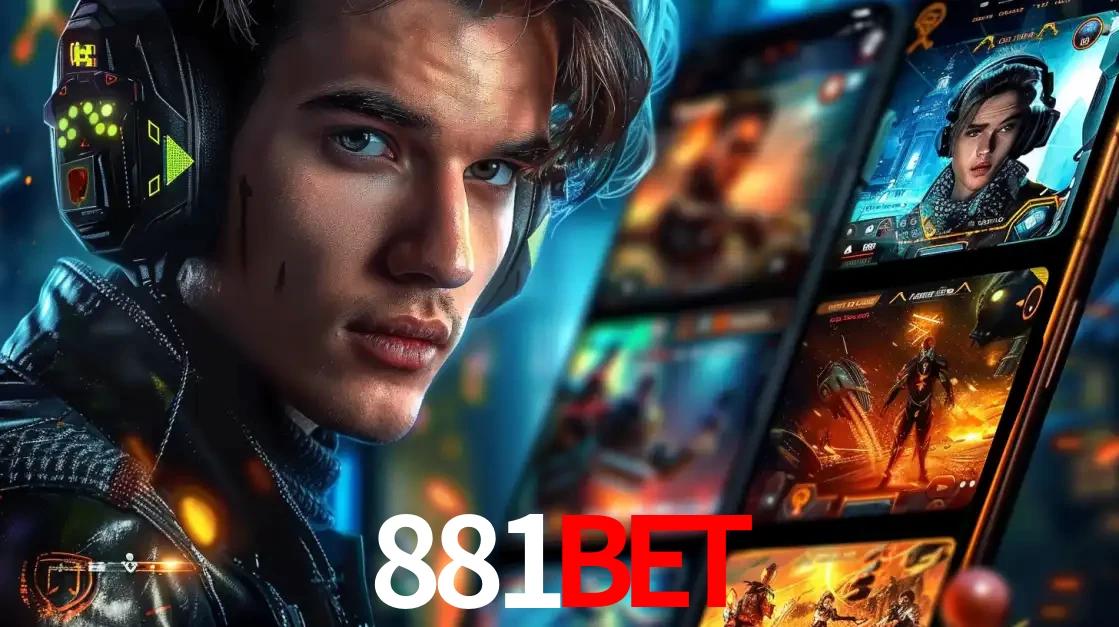 Jovem jogador com fones de ouvido olhando para a câmera, com um aplicativo de jogos e e-sports para celular ao fundo, pronto para a competição e apostas no 881bet.