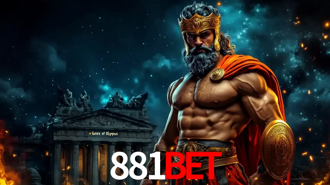 O poderoso Zeus do jogo de slot Gates of Olympus em frente ao seu templo, pronto para lançar multiplicadores divinos e prêmios épicos no cassino online 881bet.