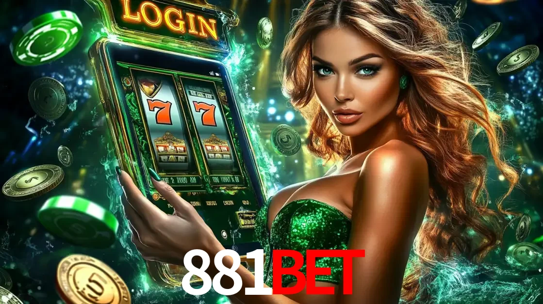 Mulher com tema verde apresentando o aplicativo do cassino 881bet com um jogo de slot de 777, cercada por fichas de cassino e uma aura de sorte.