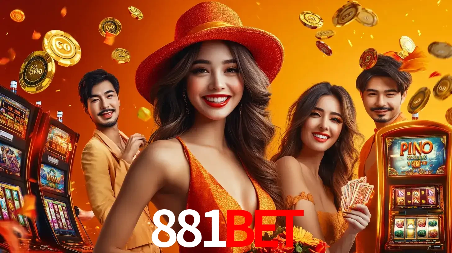 Grupo de amigos asiáticos sorrindo e se divertindo com máquinas de caça-níqueis em um ambiente festivo, celebrando suas vitórias nos jogos de cassino do 881bet.