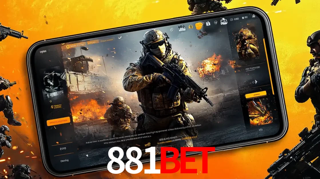 Um smartphone exibindo a interface de um jogo de tiro em primeira pessoa, com um soldado em um cenário de batalha, representando a ação dos e-sports para apostar no 881bet.