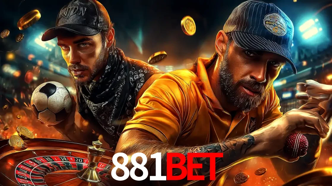 Montagem de apostas esportivas e cassino no 881bet, com um homem segurando uma bola de futebol e outro uma de beisebol sobre uma roleta e moedas voadoras.