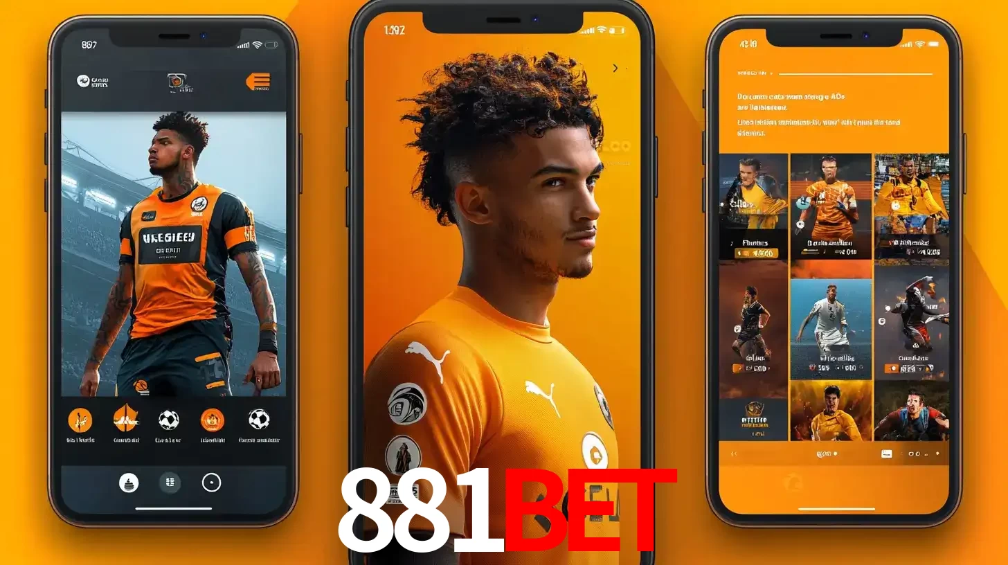 Interface do aplicativo de apostas esportivas 881bet em três telas de celular, mostrando o perfil de um jogador de futebol e a lista de jogos disponíveis para apostar.