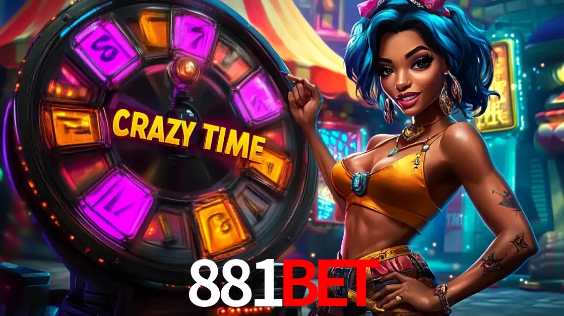 Mulher estilizada com cabelo azul e visual vibrante posando ao lado da roda de prêmios do game show Crazy Time, convidando para a diversão e os bônus do cassino 881bet.