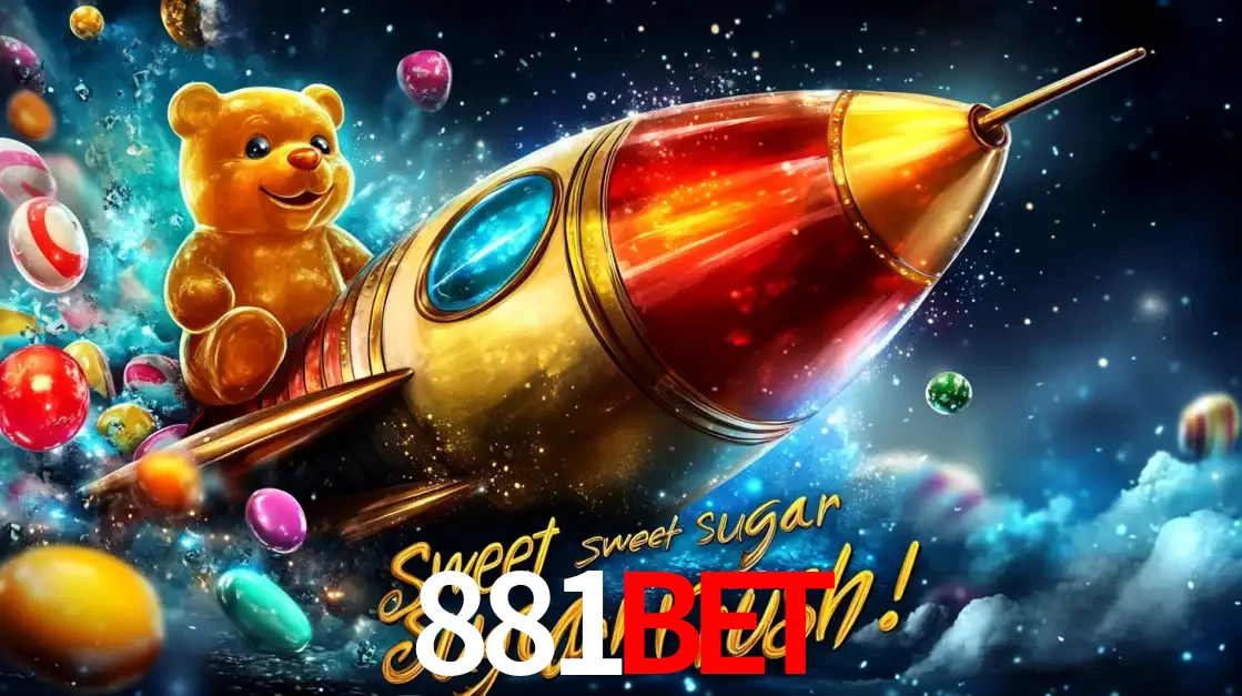 Arte promocional do jogo de slot Sugar Rush, com um urso de pelúcia em um foguete viajando pelo espaço de doces, um dos jogos divertidos disponíveis no cassino 881bet.