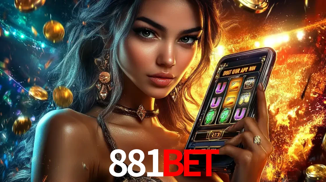 Mulher elegante mostrando um jogo de caça-níqueis em seu smartphone, destacando a experiência de cassino móvel oferecida pelo aplicativo 881bet.