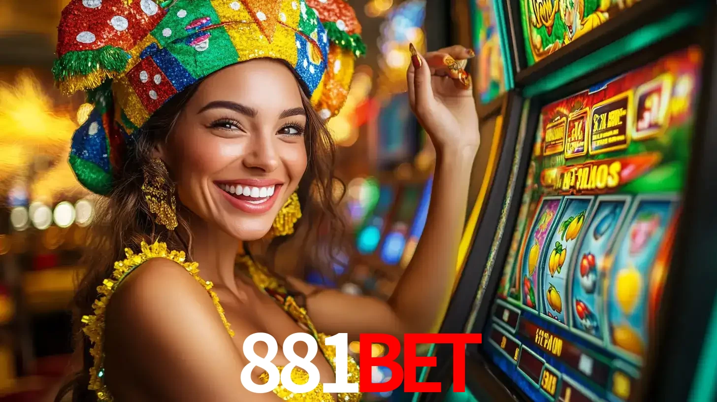 Mulher feliz com traje de carnaval amarelo e colorido ao lado de uma máquina de caça-níqueis, aproveitando a diversão e os jogos temáticos do cassino 881bet.