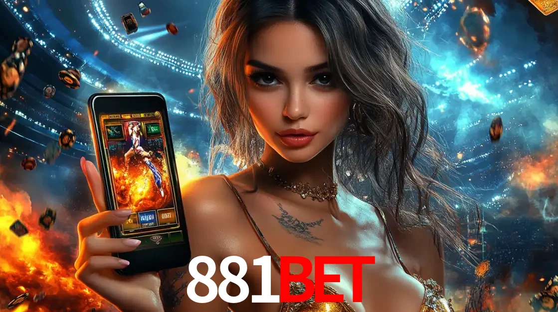 Mulher segurando um celular com um jogo de slot em destaque, tendo como fundo um estádio vibrante, simbolizando a emoção de jogar no cassino móvel 881bet.