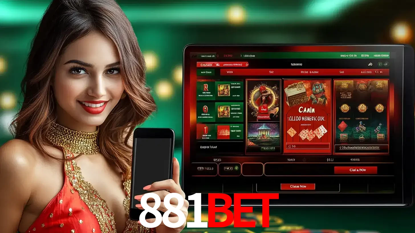 Mulher sorridente segurando um smartphone, ao lado de uma tela exibindo o lobby de jogos do cassino online 881bet, com várias opções de jogos de cartas e slots.